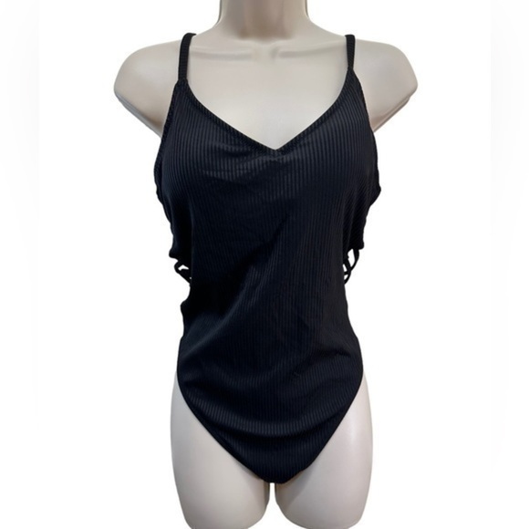 VICTORIA'S SECRET PINK Swim STRAPPY SIDE RIBBED ONE-PIECE Black - Picture 2 of 10